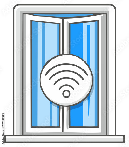 Window with a WiFi signal symbol, internet connectivity, and home network graphic.