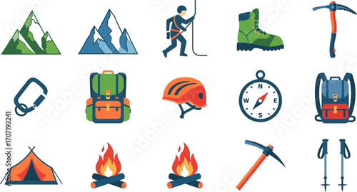 Collection of colorful icons representing mountain climbing and camping gear for outdoor adventures.