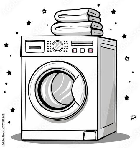 Black and white cartoon illustration of a washing machine with folded towels, symbolizing clean laundry and domestic chores.