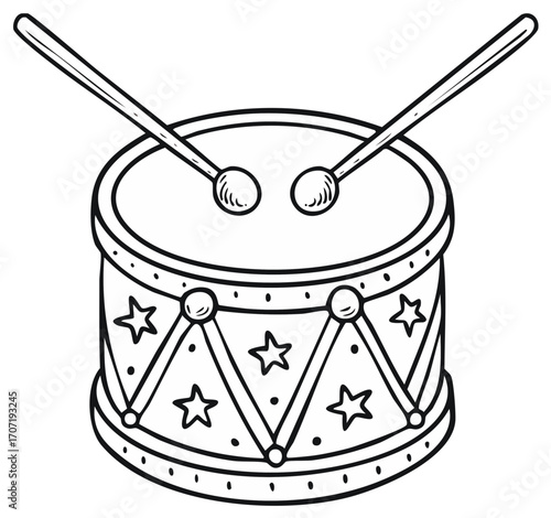Hand Drawn Toy Drum with Sticks and Star Decorations, Black and White Line Art for Coloring Book or Clipart
