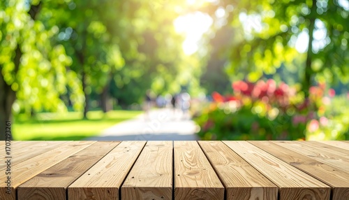 Empty wooden table top with a blurred background of a sunlit park with green trees and a path, creating a perfect backdrop for product placement