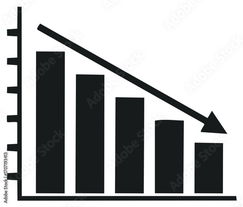 Declining business financial chart with downward arrow and bar graphs showing decreasing trend