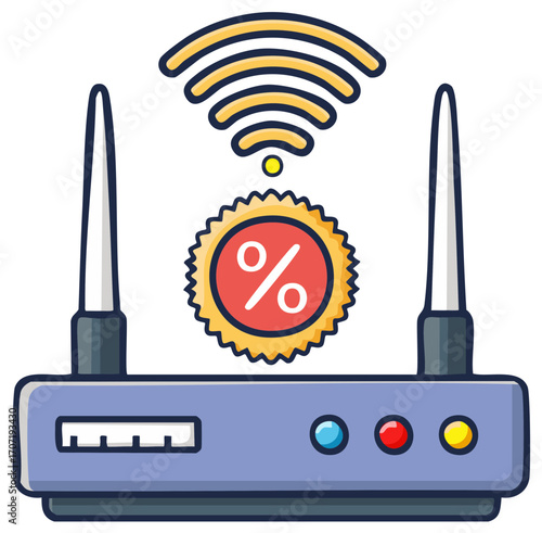 Wireless router with Wi-Fi signal and percentage symbol, advertising discounts