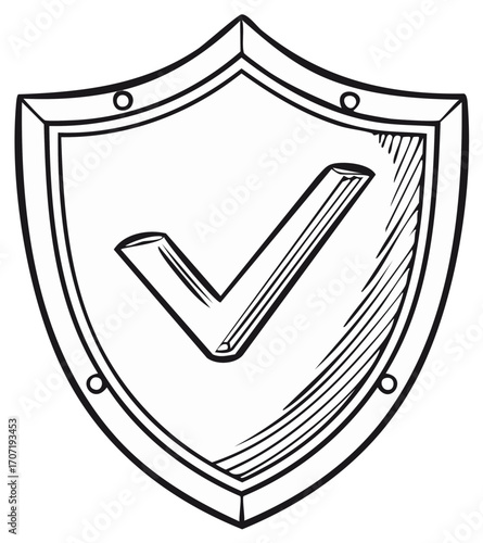 Secure Validation: Protective Shield Illustration with Checkmark Confirmation Emblem, Approved Assurance Design