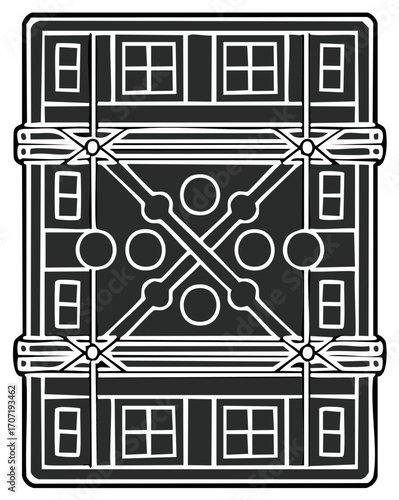Abstract geometric illustration of a building facade with windows and cross braces