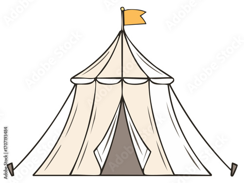 Whimsical illustrated event tent with an open entryway, classic design, and small orange flag