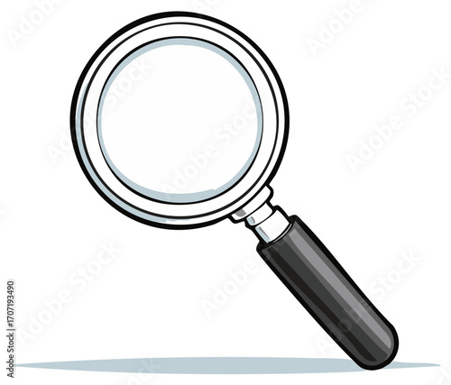 Cartoon magnifying glass with clear lens and black handle for search and investigation concepts