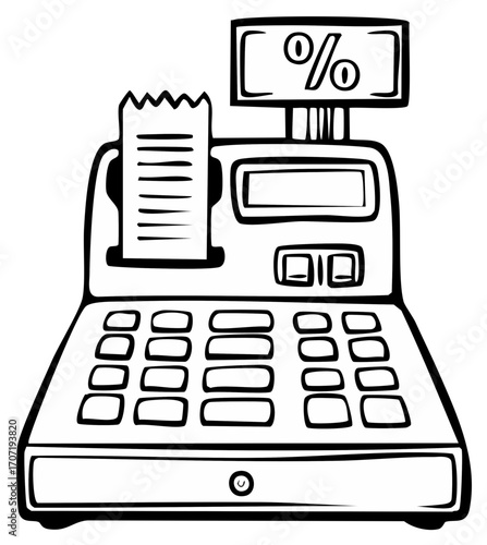 Retro Style Cash Register with Receipt and Percentage Sign