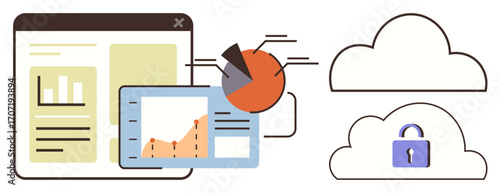 Charts, stats, browser window, and secured cloud visualizing data management, analytics, and protection. Ideal for technology, security, data storage research business insights statistics simple