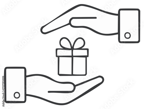 Line art icon of hands offering and protecting a gift box symbol for bonus reward and charity