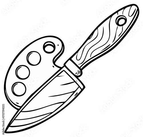 Creative Culinary Art Concept with Chef's Knife and Artist's Palette Line Drawing