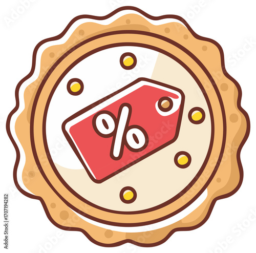 Circular frame with scalloped edge features discount tag icon, percentage symbols, and yellow dots.