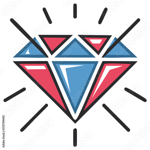 Radiant Diamond Jewel Gemstone in Geometric Design Style with Sparkling Rays