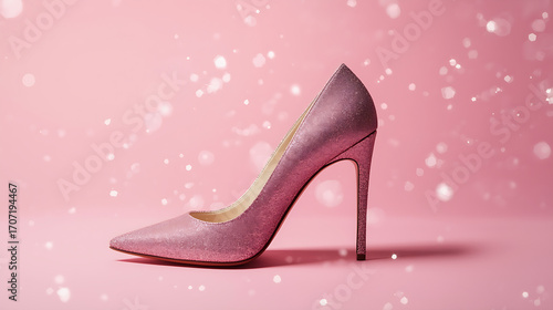 A glamorous high-heeled stiletto shoe, adorned with sparkling glitter and bokeh sparkles, is positioned on a soft pink background, showcasing its sleek pointed toe and tall slim heel.