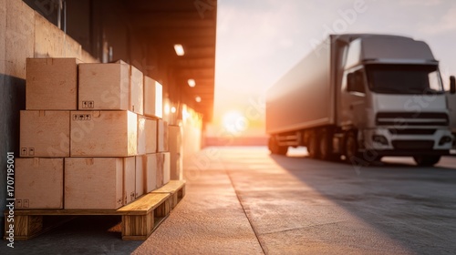 Transporting goods with a delivery truck loading dock at sunset for global shipping and logistics