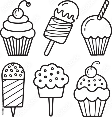Six hand drawn outline illustrations of sweet desserts including cupcakes and ice cream bars popsicle