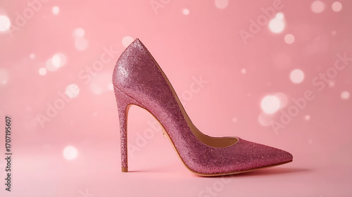 A glamorous high-heeled stiletto shoe, adorned with sparkling glitter and bokeh sparkles, is positioned on a soft pink background, showcasing its sleek pointed toe and tall slim heel.