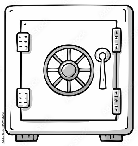 Doodle illustration of a classic safe with a combination dial and keyhole