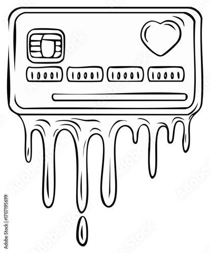 Dripping Credit Card with Heart Symbol Illustration Line Art Symbolizing Financial Melt Down