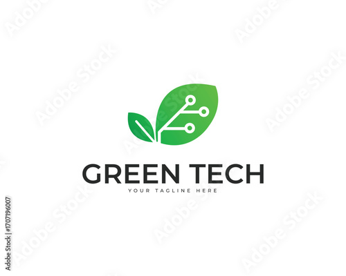 Green Tech Logo with Single Leaf and Circuit Design on White Background leaf logo circuit board logo