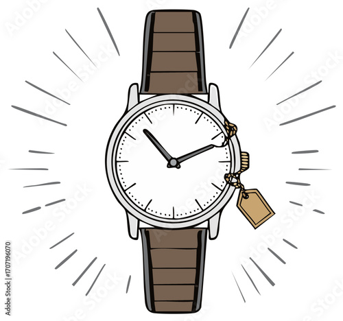 Illustration of elegant wristwatch with brown band and price tag attached