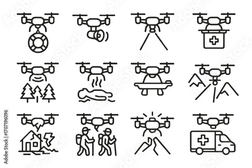 Icons mapping icon forest searching hovering hikers mountain lifebuoy rescue vector drone