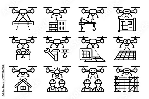 Construction drone crane safety blueprint workers icon vector flying icons surveying beam