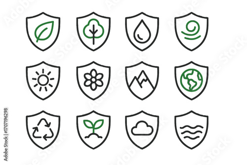 Tree shield mountain earth rays cloud eco arrows green icon vector