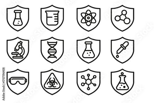 Atom protective icon beaker scientific shield experiment shields chemical bio hazard vector
