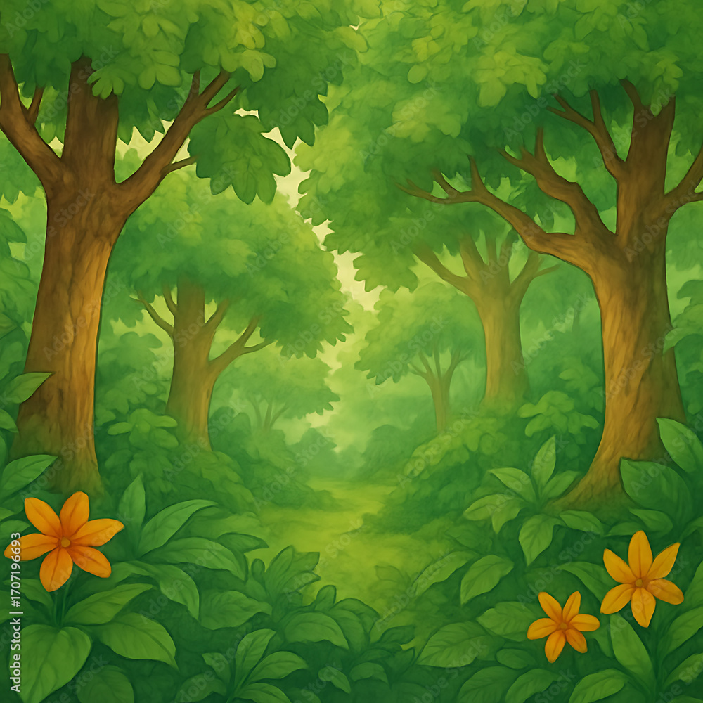 Obraz premium Lush green forest with vibrant orange flowers.