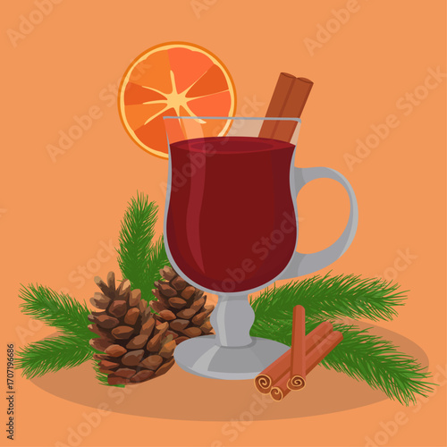 Mulled wine cinnamon orange Christmas tree branches and cones Winter decor