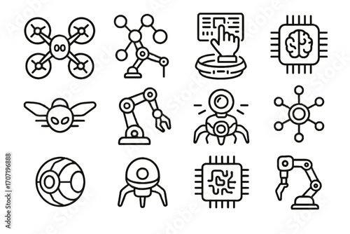 Flying robots futuristic optical claw manipulation lights vector icon micro holographic nano