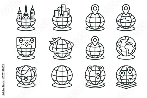 Icon globe icons grid destination borders vector country flight vr glowing travel