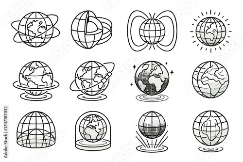 Satellite planetary rays lines rings orbit vector atmosphere icons poles rotating holographic