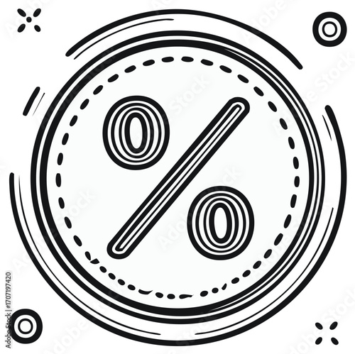 Black and white hand drawn percentage symbol icon with circular border and decorative elements