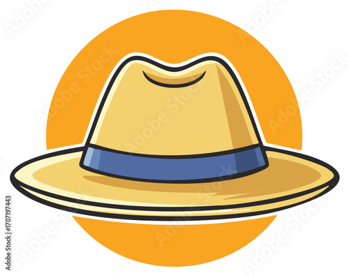 Yellow fedora hat with blue band in front of a bright orange circle