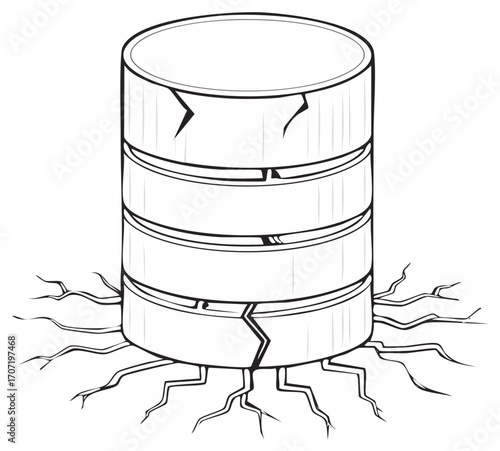 Broken and cracked database symbol with spreading roots conceptual illustration