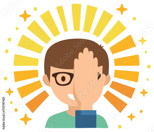 Cartoon man covers his eye with hand, facing bright light, wearing glasses. Visual acuity concept.