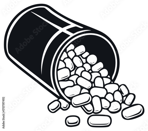 Overturned container of pills illustration features monochrome medicine for healthcare