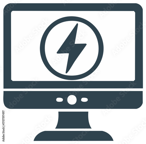 Sleek monitor screen displaying a bold lightning bolt icon representing speed power and energy