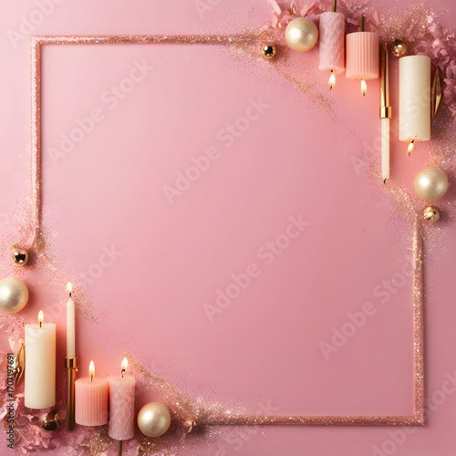 Top view frame with ample copy space, adorned with multiple candles of varying heights and styles, surrounded by a scatter of fine, shimmering glitter particles,