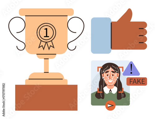Trophy with first-place ribbon, thumbs-up gesture, and facial recognition warning alerting fake identity. Ideal for success, competition, approval, authenticity, online safety, technology ethics