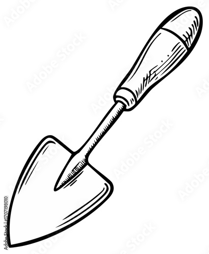 Hand drawn illustration of a small trowel gardening tool in a black and white line art style.