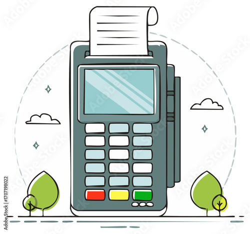 Point of sale terminal cartoon illustration Payment device with trees
