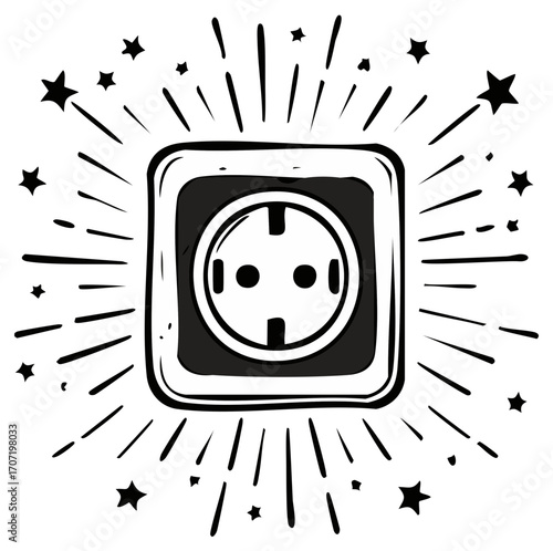 Energy Outlet with Decorative Rays for Wallpaper or Texture Black and White Square Illustration