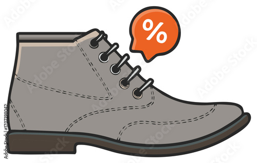 Gray Leather Boot with an Orange Percentage Sign Icon for Retail Sale and Promotion