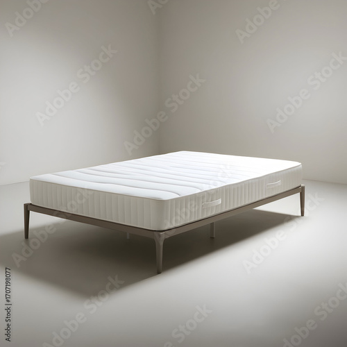 A double bed with a pristine white mattress, devoid of any bedding or decor, situated in a neutral and isolated environment, with a smooth and uncluttered floor surrounding it,