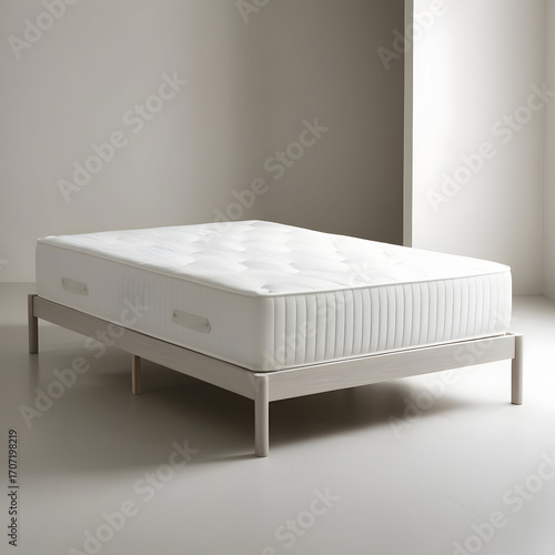 A double bed with a pristine white mattress, devoid of any bedding or decor, situated in a neutral and isolated environment, with a smooth and uncluttered floor surrounding it,