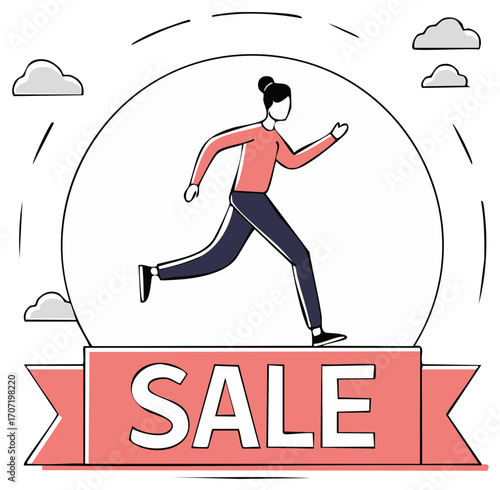Active woman character running quickly towards a bold SALE banner promotion illustration