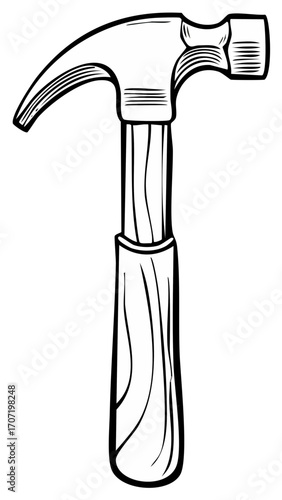 Line art style hammer with wooden handle illustration depicts building and construction tool